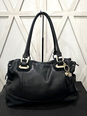 B. Makowsky Y2K Black Pebbled Leather Satchel Shoulder Bag Leopard Lining